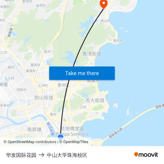 华发国际花园 to 中山大学珠海校区 map