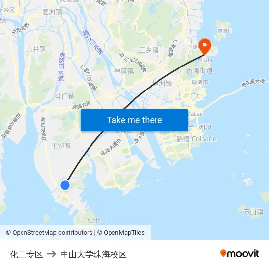 化工专区 to 中山大学珠海校区 map