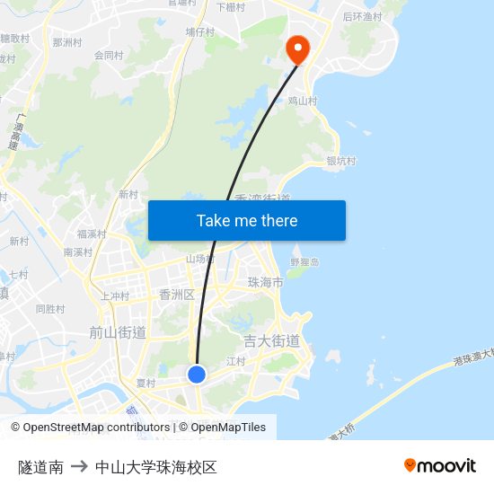 隧道南 to 中山大学珠海校区 map