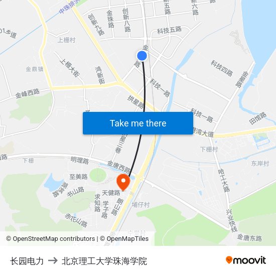 长园电力 to 北京理工大学珠海学院 map