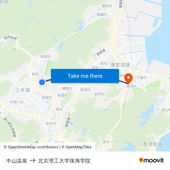 中山温泉 to 北京理工大学珠海学院 map