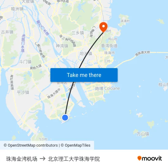 珠海金湾机场 to 北京理工大学珠海学院 map