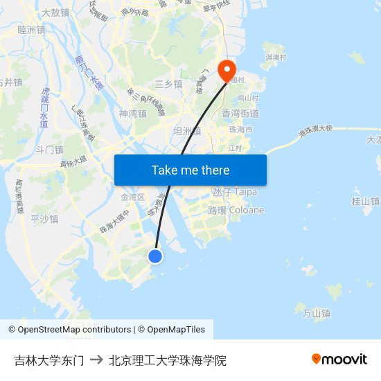 吉林大学东门 to 北京理工大学珠海学院 map