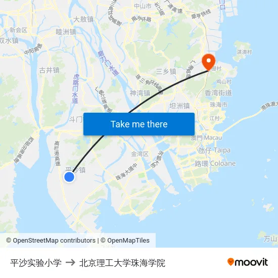 平沙实验小学 to 北京理工大学珠海学院 map