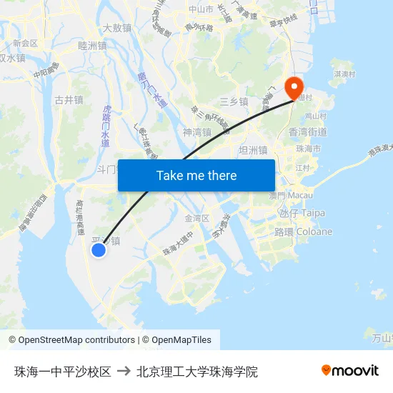 珠海一中平沙校区 to 北京理工大学珠海学院 map