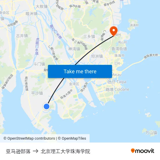 亚马逊部落 to 北京理工大学珠海学院 map