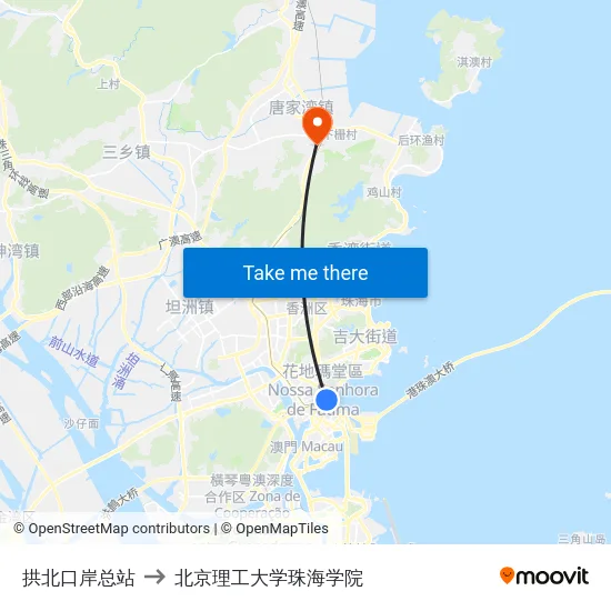 拱北口岸总站 to 北京理工大学珠海学院 map