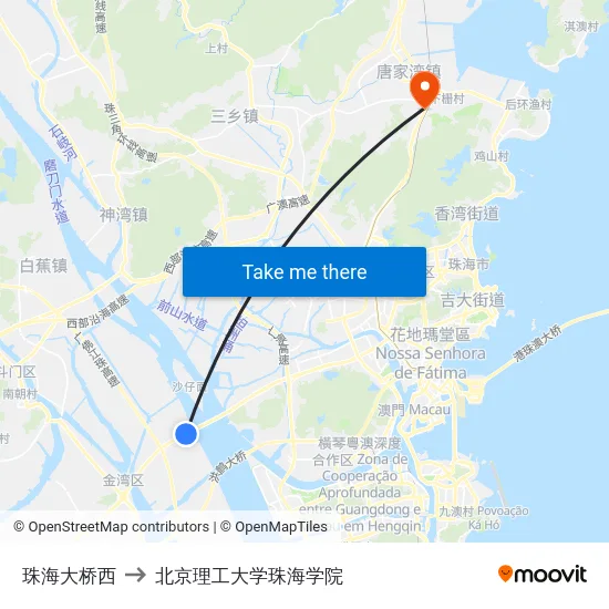 珠海大桥西 to 北京理工大学珠海学院 map