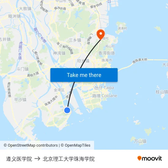 遵义医学院 to 北京理工大学珠海学院 map