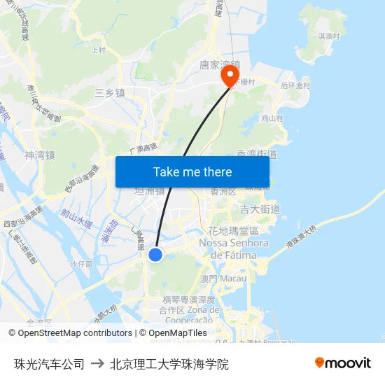 珠光汽车公司 to 北京理工大学珠海学院 map