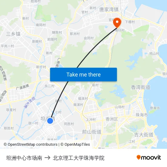 坦洲中心市场南 to 北京理工大学珠海学院 map