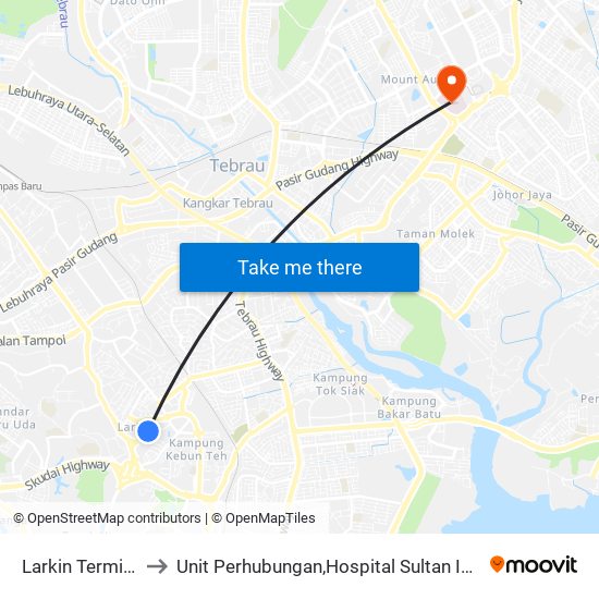 Larkin Terminal to Unit Perhubungan,Hospital Sultan Ismail map