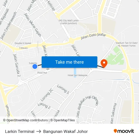 Larkin Terminal to Bangunan Wakaf Johor map