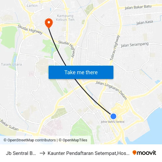 Jb Sentral Bus Ter (47711) to Kaunter Pendaftaran Setempat,Hospital Sultanah Aminah,Johor Bahru map