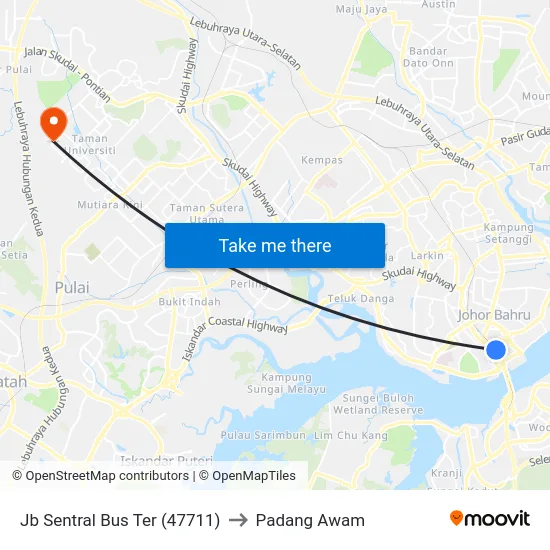 Jb Sentral Bus Ter (47711) to Padang Awam map