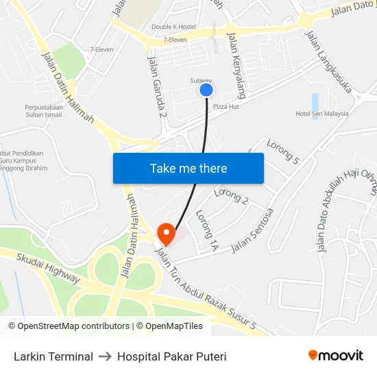 Larkin Terminal to Hospital Pakar Puteri map