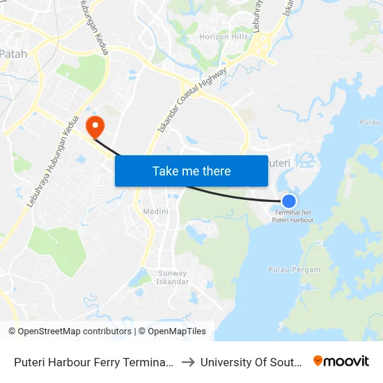 Puteri Harbour Ferry Terminal (0008130) to University Of Southampton map