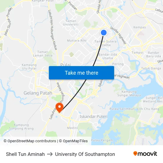 Shell Tun Aminah to University Of Southampton map