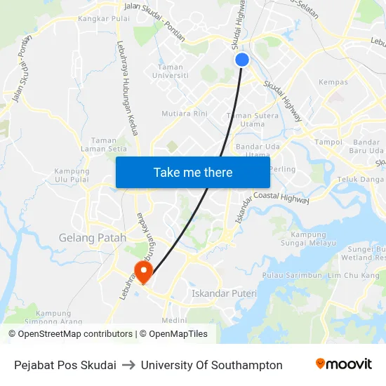 Pejabat Pos Skudai to University Of Southampton map