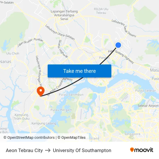 Aeon Tebrau City to University Of Southampton map