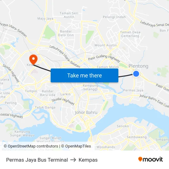 Permas Jaya Bus Terminal to Kempas map