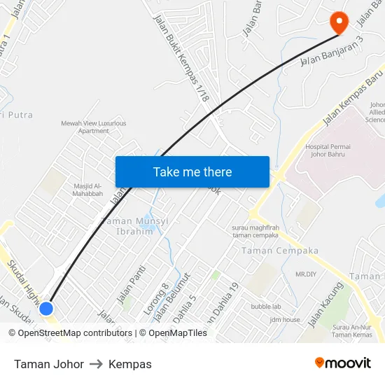 Taman Johor to Kempas map