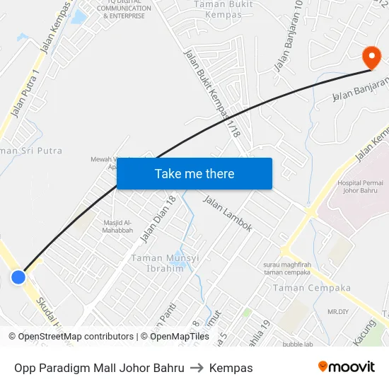 Opp Paradigm Mall Johor Bahru to Kempas map