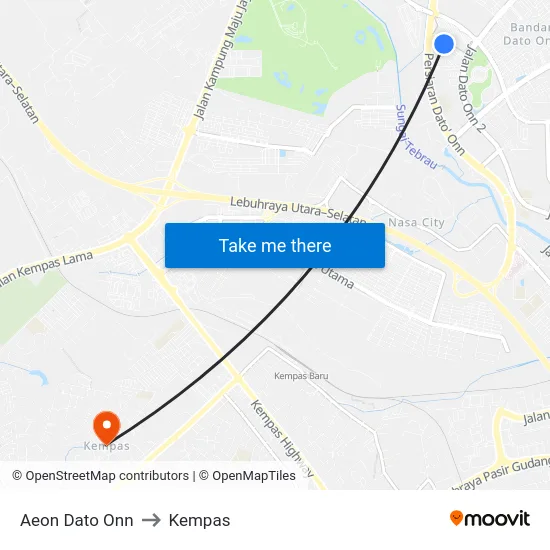 Aeon Dato Onn to Kempas map