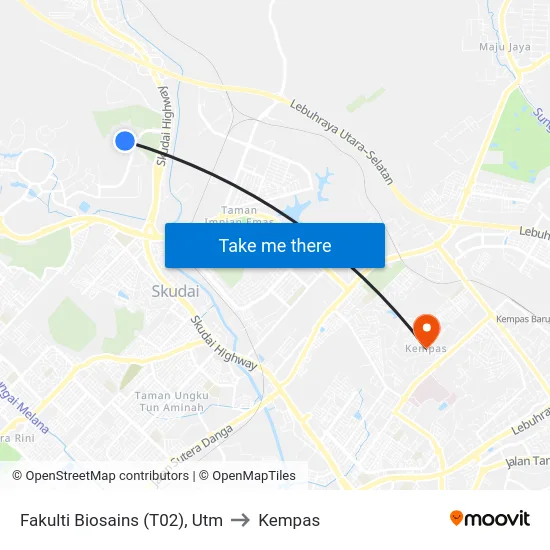 Fakulti Biosains (T02), Utm to Kempas map