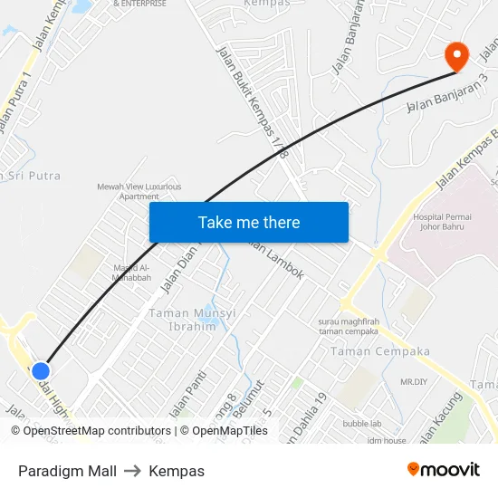 Paradigm Mall to Kempas map