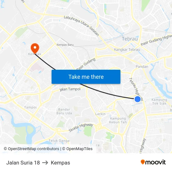 Jalan Suria 18 to Kempas map