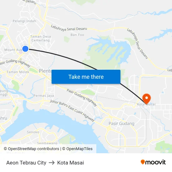 Aeon Tebrau City to Kota Masai map
