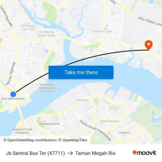 Jb Sentral Bus Ter (47711) to Taman Megah Ria map