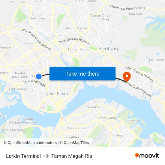 Larkin Terminal to Taman Megah Ria map