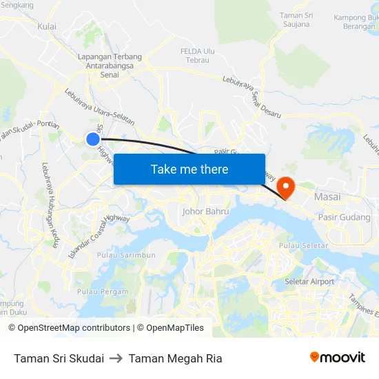 Taman Sri Skudai to Taman Megah Ria map