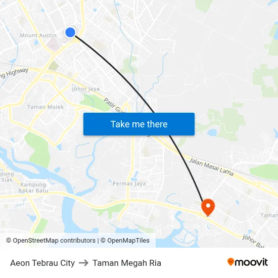 Aeon Tebrau City to Taman Megah Ria map