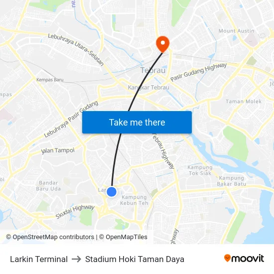 Larkin Terminal to Stadium Hoki Taman Daya map
