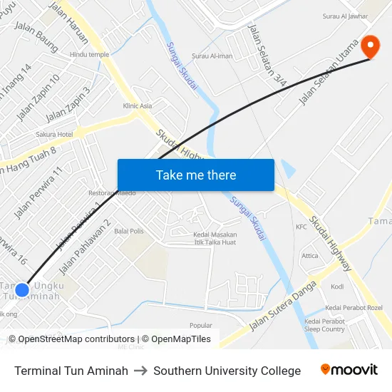 Terminal Tun Aminah to Southern University College map