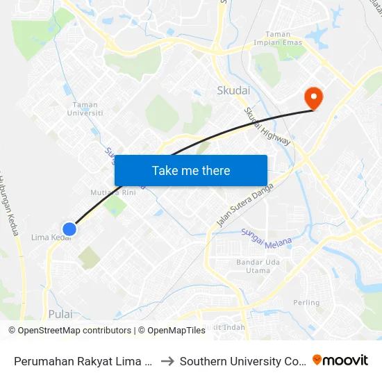 Perumahan Rakyat Lima Kedai to Southern University College map