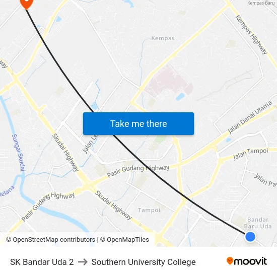 SK Bandar Uda 2 to Southern University College map