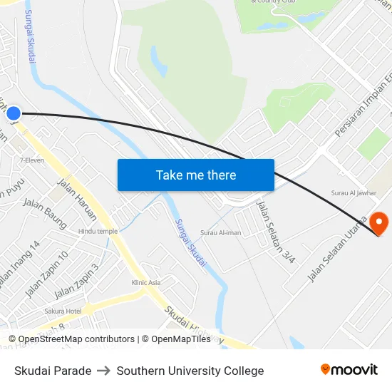 Skudai Parade to Southern University College map