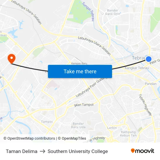 Taman Delima to Southern University College map