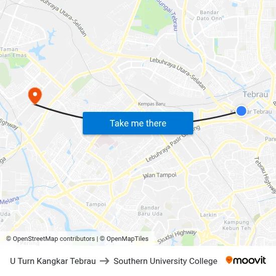 U Turn Kangkar Tebrau to Southern University College map