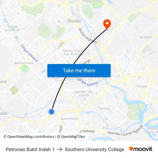 Petronas Bukit Indah 1 to Southern University College map