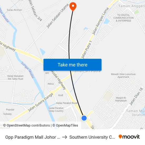 Opp Paradigm Mall Johor Bahru to Southern University College map