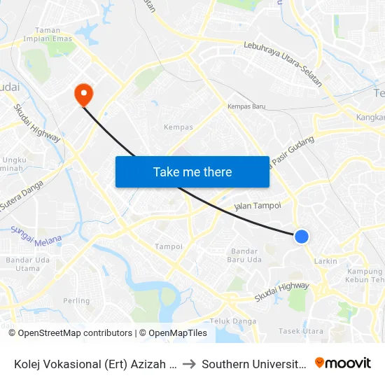 Kolej Vokasional (Ert) Azizah Johor Bahru to Southern University College map