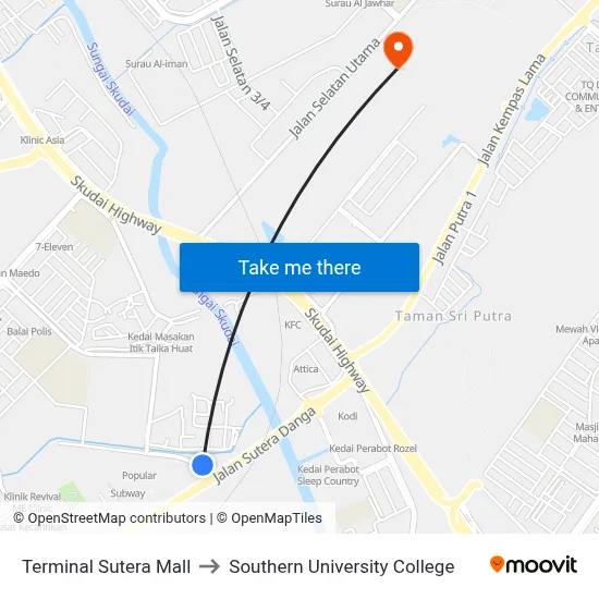 Terminal Sutera Mall to Southern University College map