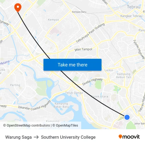 Warung Saga to Southern University College map