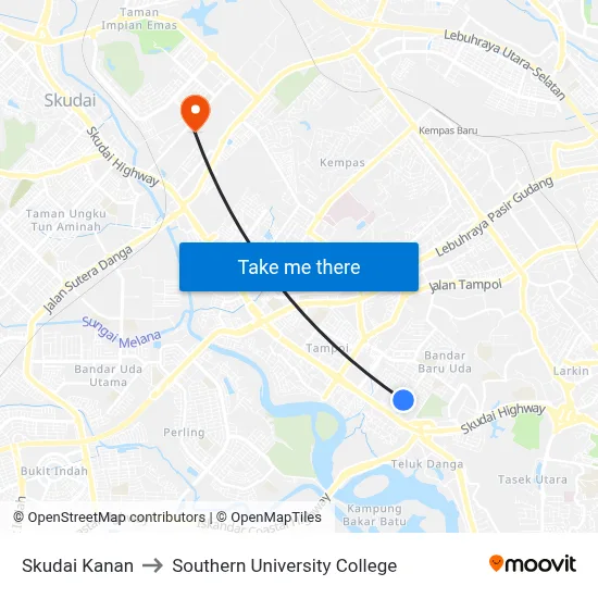 Skudai Kanan to Southern University College map