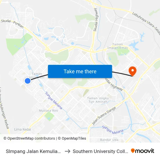 Slmpang Jalan Kemuliaan 2 to Southern University College map